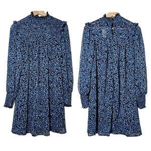 Mi Ami Francesca’s Black Blue Lucy Smocked Floral Ruffle Dress S NWT